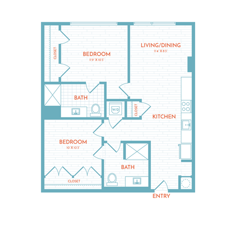 Floor plan for 2 beds, 2 baths, 802 sqft